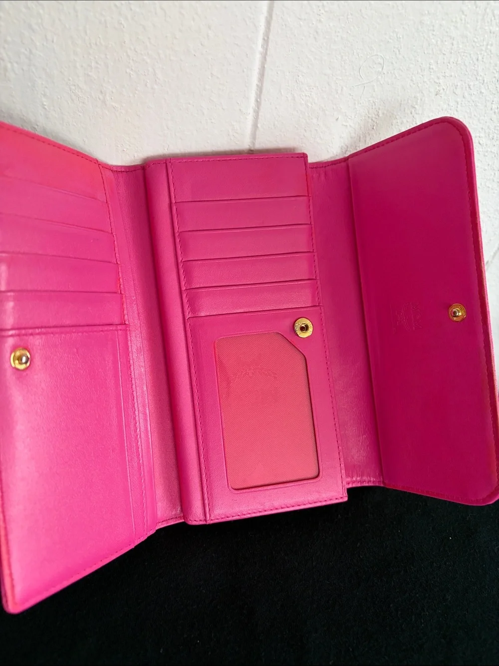 MCM Beige Logo Continental Wallet with Pink Trim and Blue-White Stripe